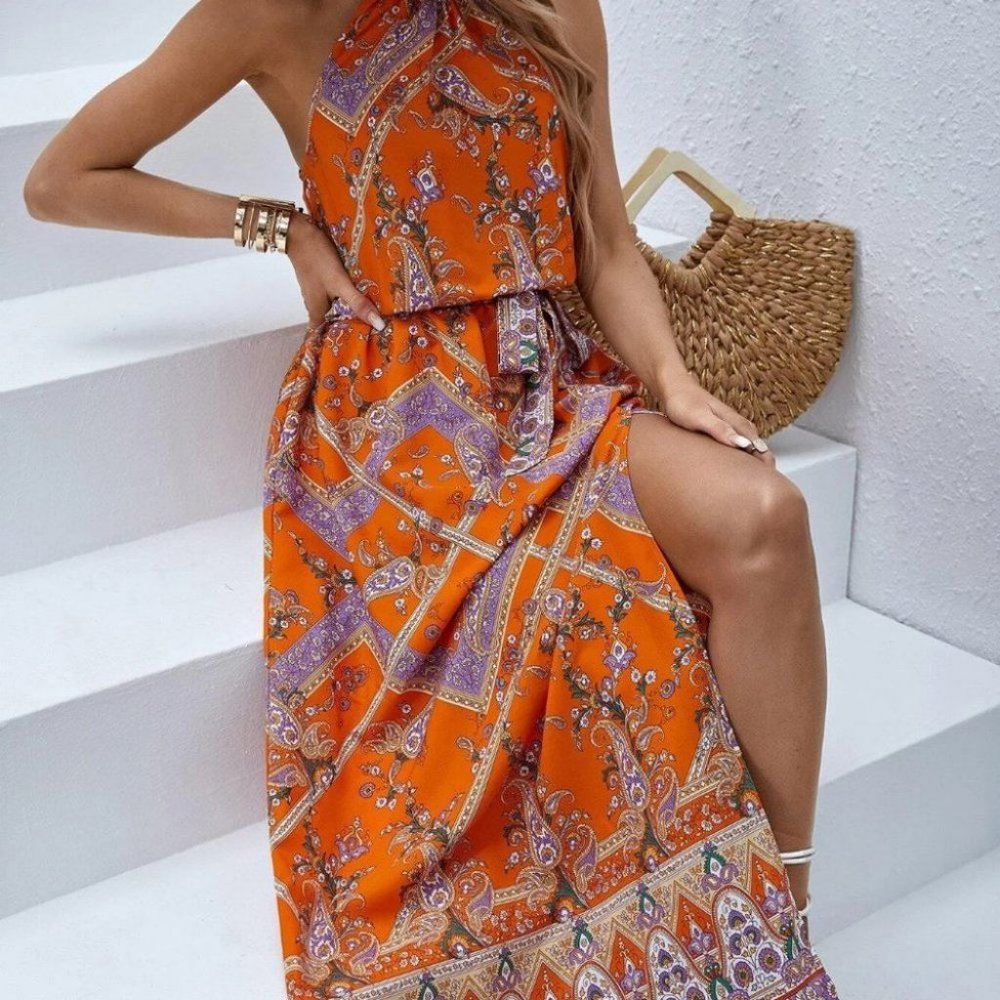 Orange Preppy Womens Floral Print Halter Neck Dress - Picture 2 of 5